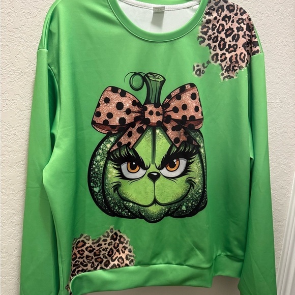 Sweaters - Green Grinch polyester Sweatshirt with Leopard Print Size 2X